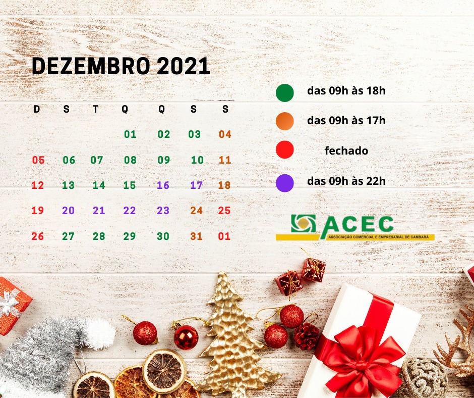 Calendário de Dezembro/2021 do Comércio de Cambará.