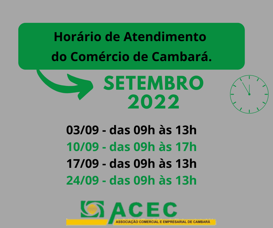 Horário de Atendimento do Comércio de Cambará – Mês de Setembro 2022.