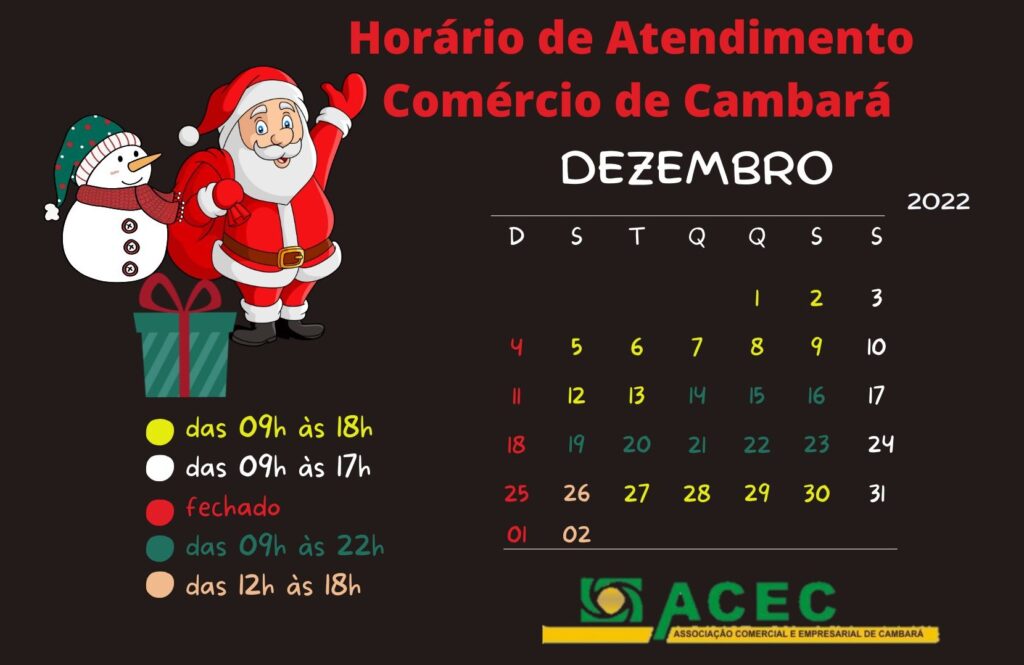 Horário de Atendimento Comércio de Cambará – Dezembro/2022.